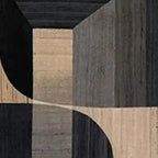 Close-up of Javier Ramirez's minimalist geometric diptych art with curved lines and blocks in black, beige, and grey.