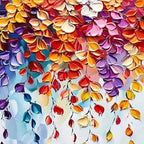 Textured impasto artwork close-up: vibrant, thick paint creating cascading floral shapes in a spectrum of colors.