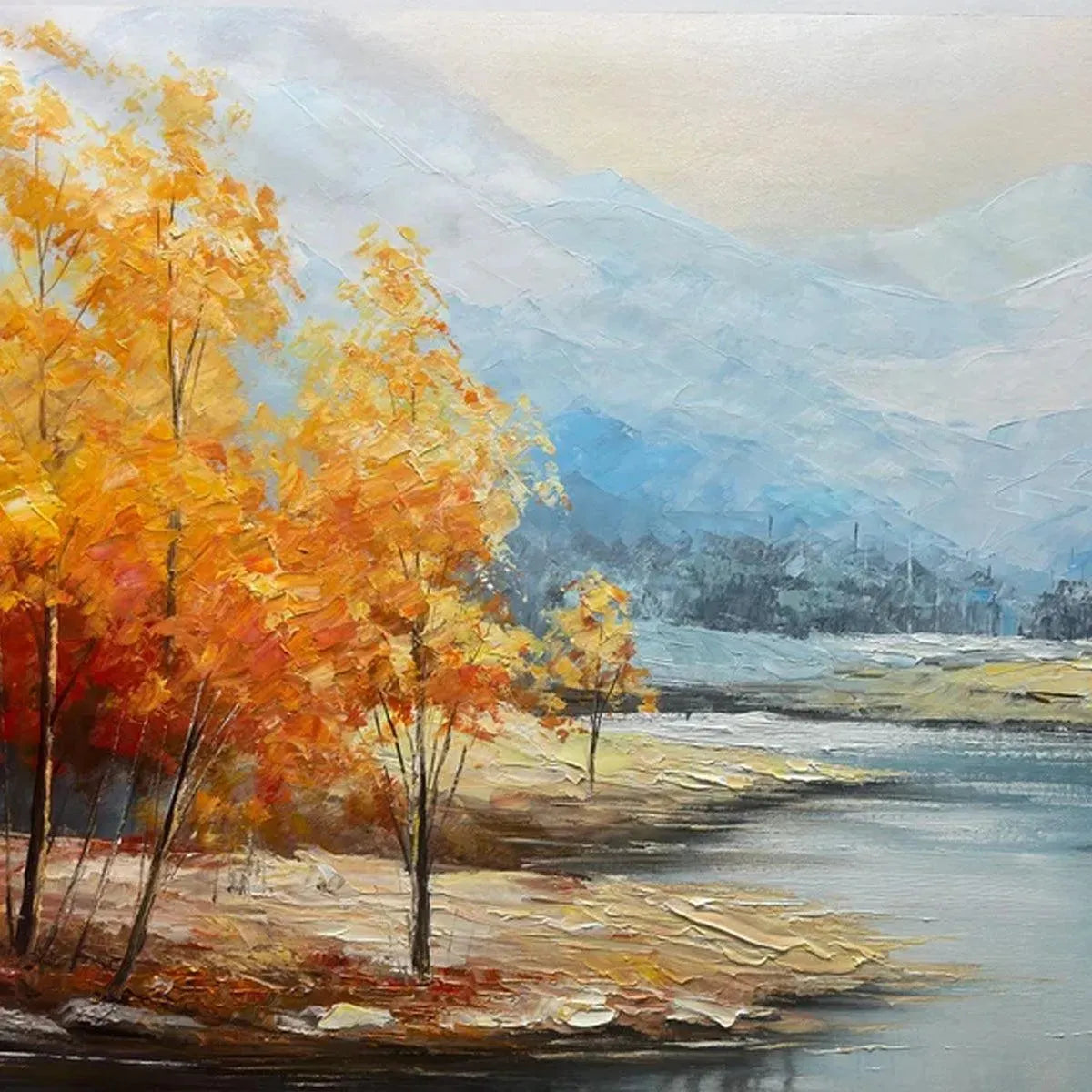 Vibrant Golden Autumn Valley landscape painting. Rich yellow trees, blue river & misty mountains showcase artistic detail.