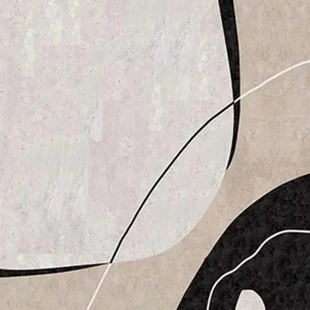 Javier Ramirez diptych art: textured beige, abstract black & beige organic shapes, thin white lines.