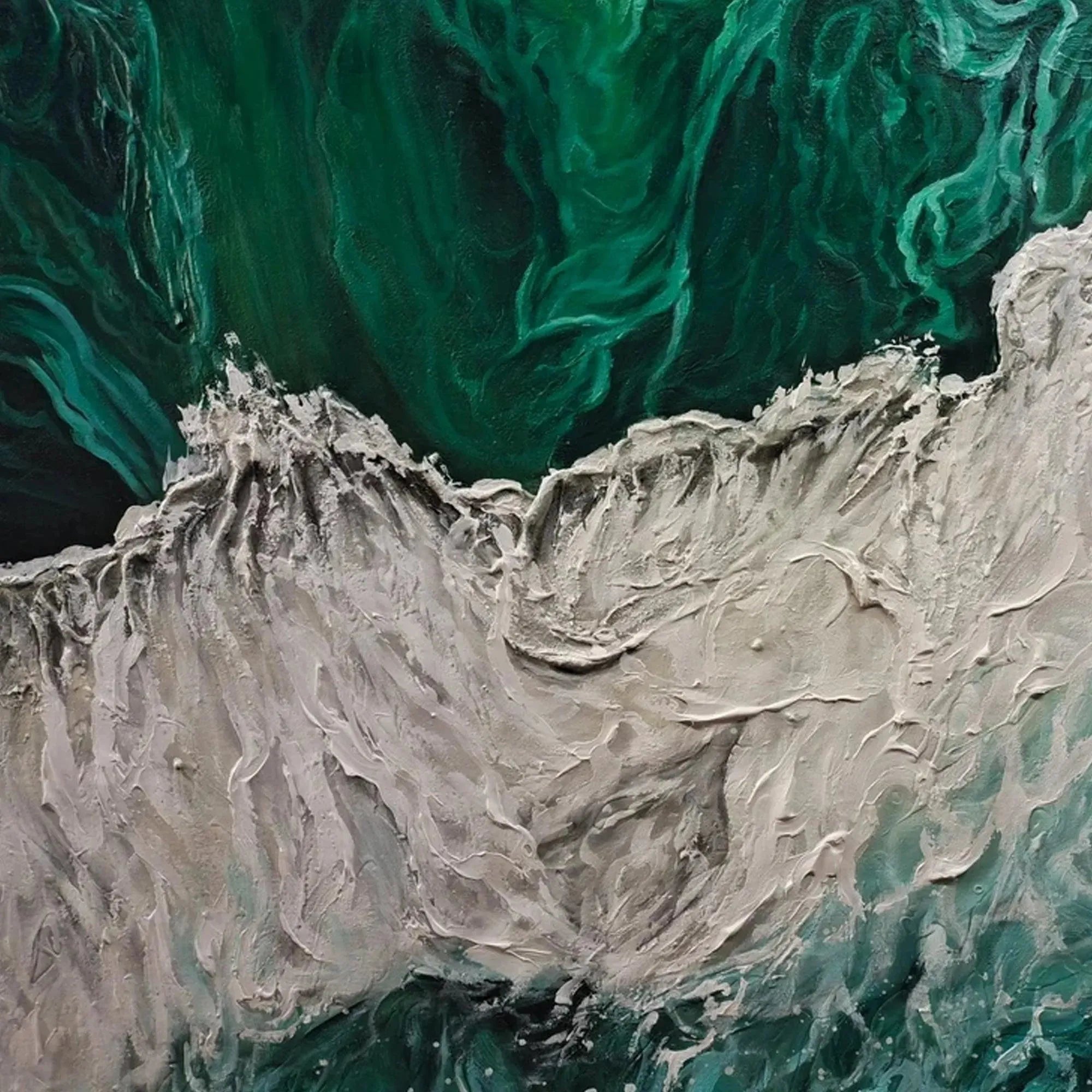 Close-up of Emerald Flow abstract painting: prominent impasto white wave and deep emerald green swirling textures.