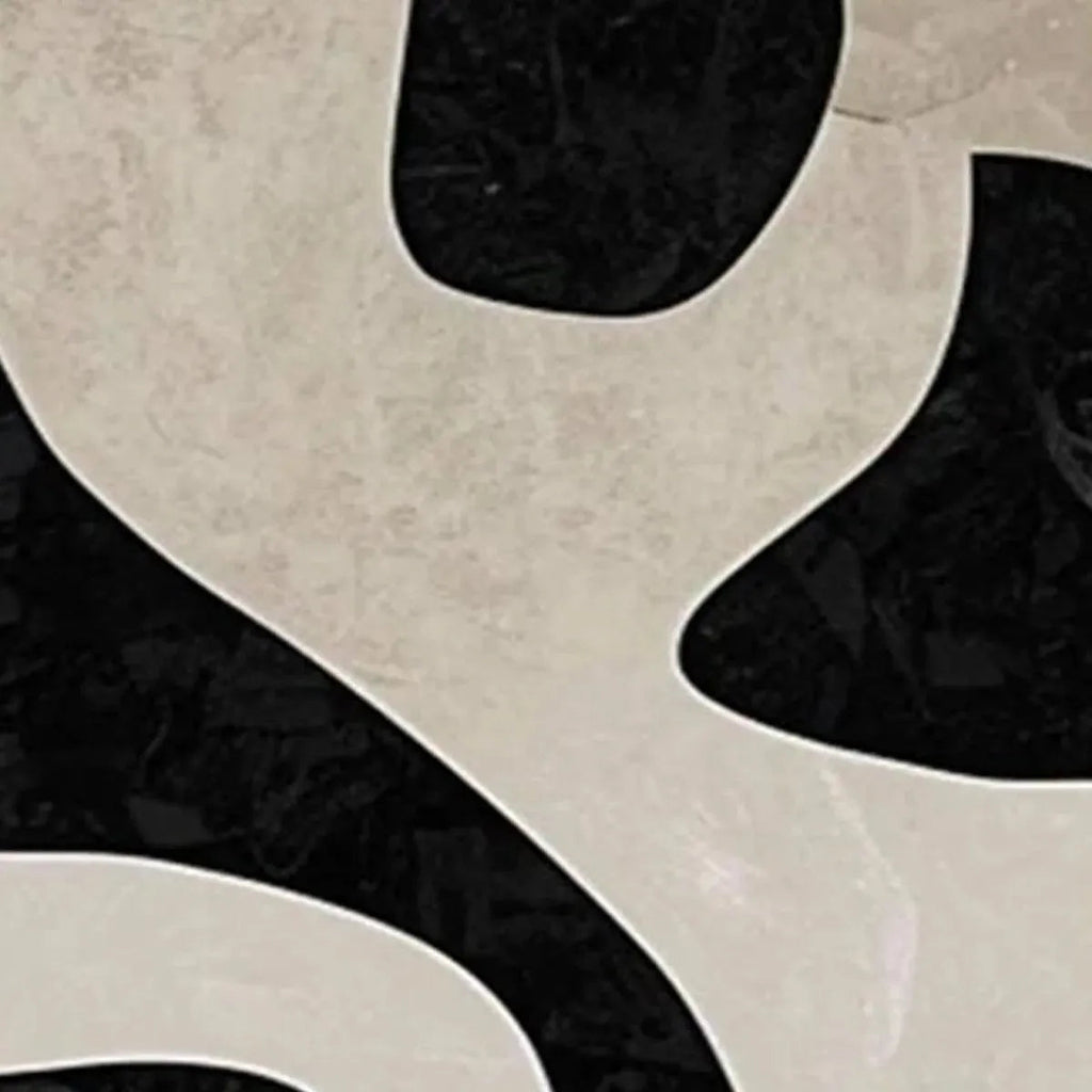 Close up of Javier Ramirez diptych painting: beige organic shapes on textured black background, minimalist wall art.