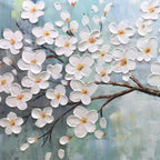 Impasto white blossoms artwork: sculpted petals with golden centers on branches against a serene blue-green blend.