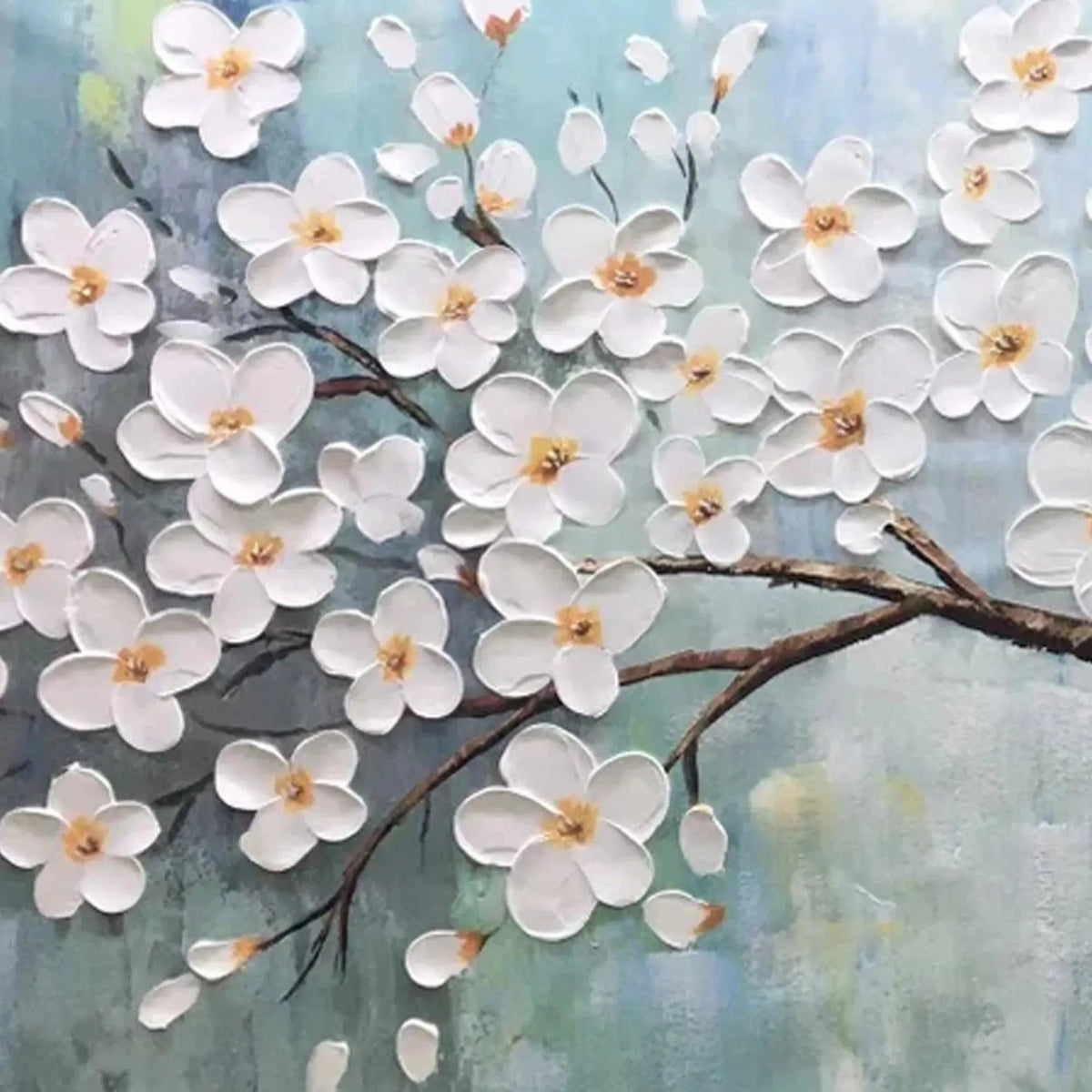 Impasto white blossoms artwork: sculpted petals with golden centers on branches against a serene blue-green blend.