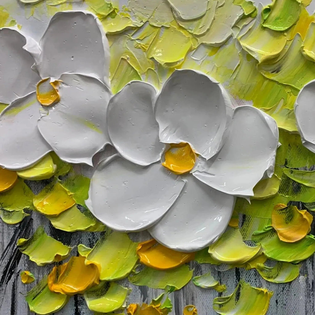 White magnolias impasto painting close-up: 3D petals, yellow centers, and vibrant green texture.
