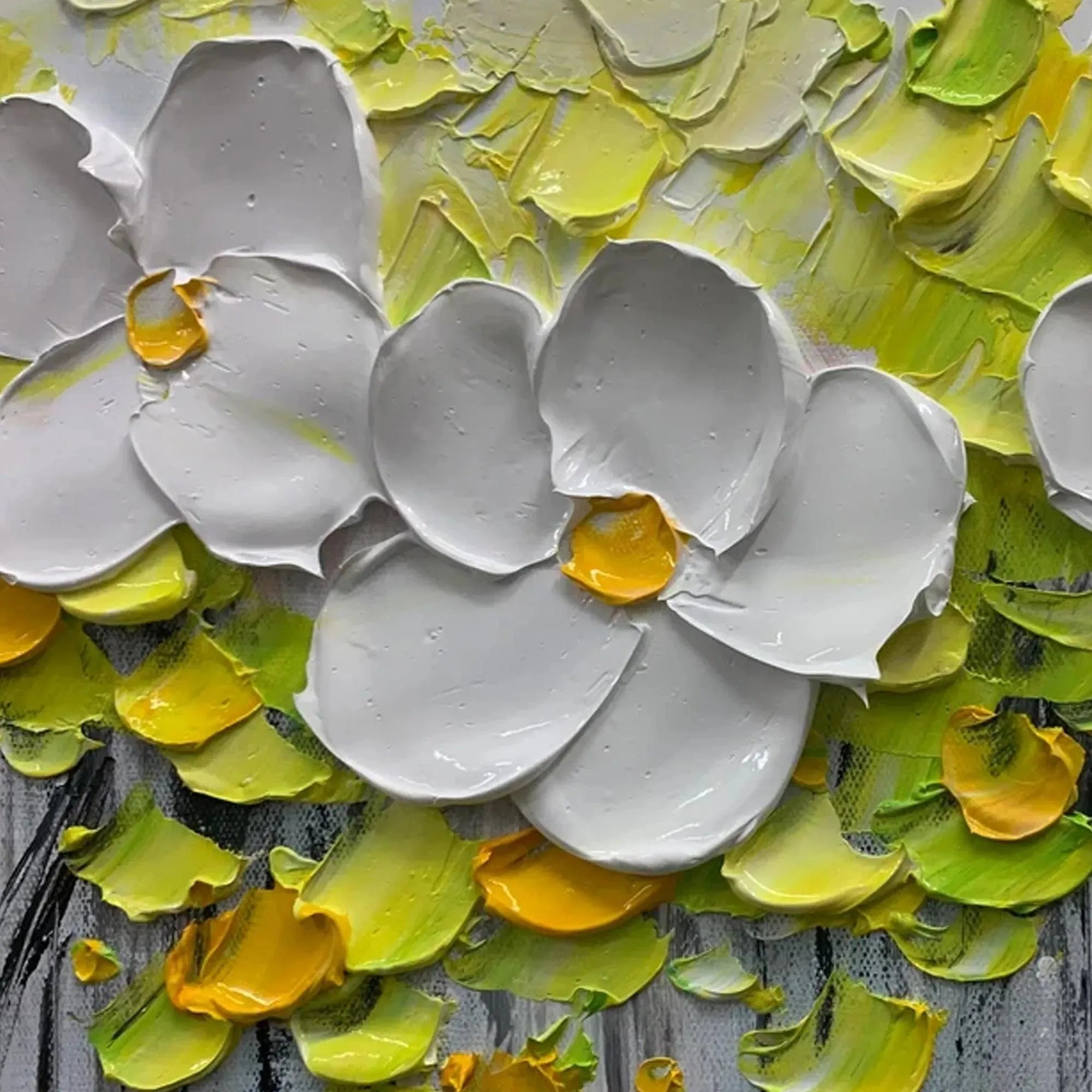 White magnolias impasto painting close-up: 3D petals, yellow centers, and vibrant green texture.