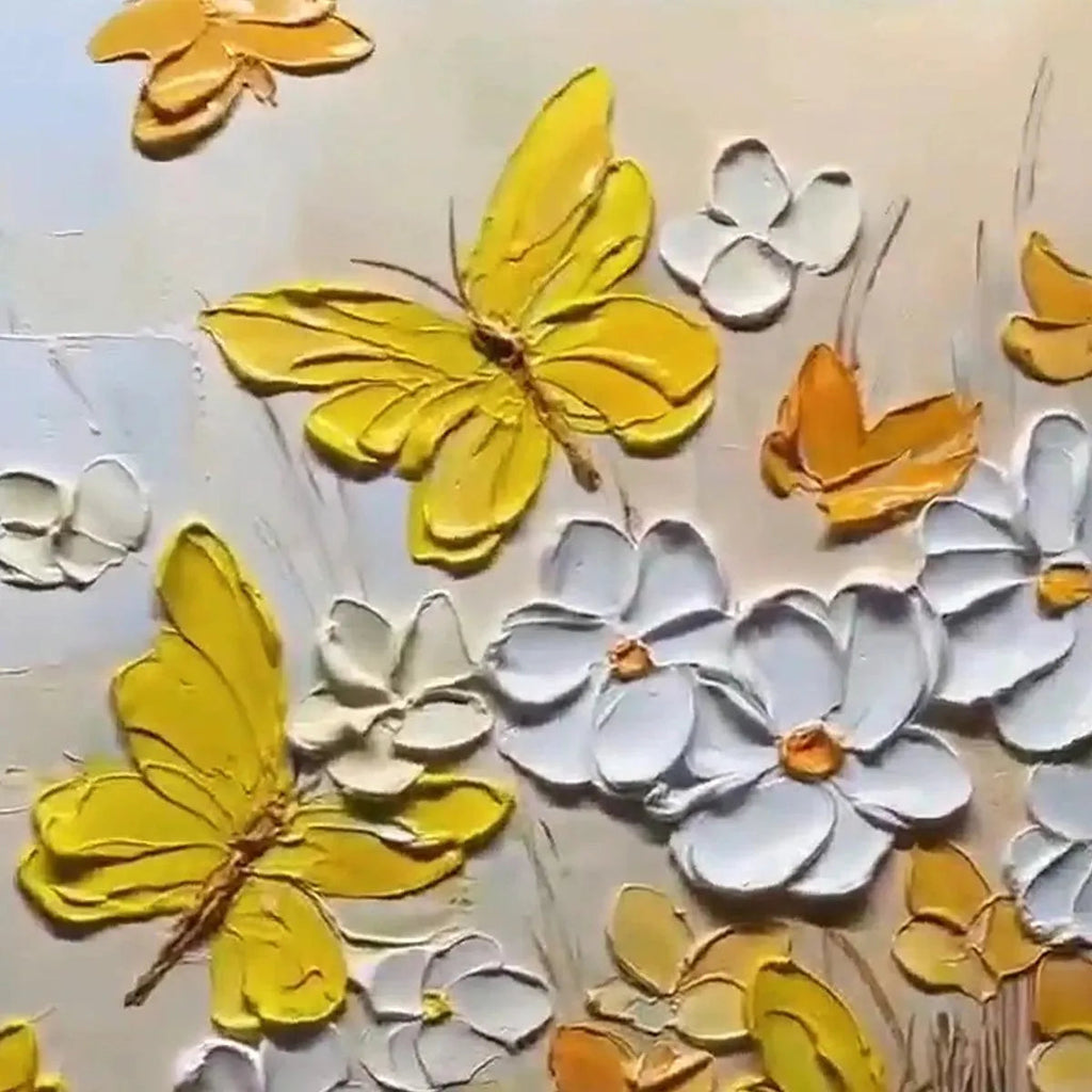 GOLDEN BUTTERFLIES: Yellow White Butterflies Flowers Textured Canvas