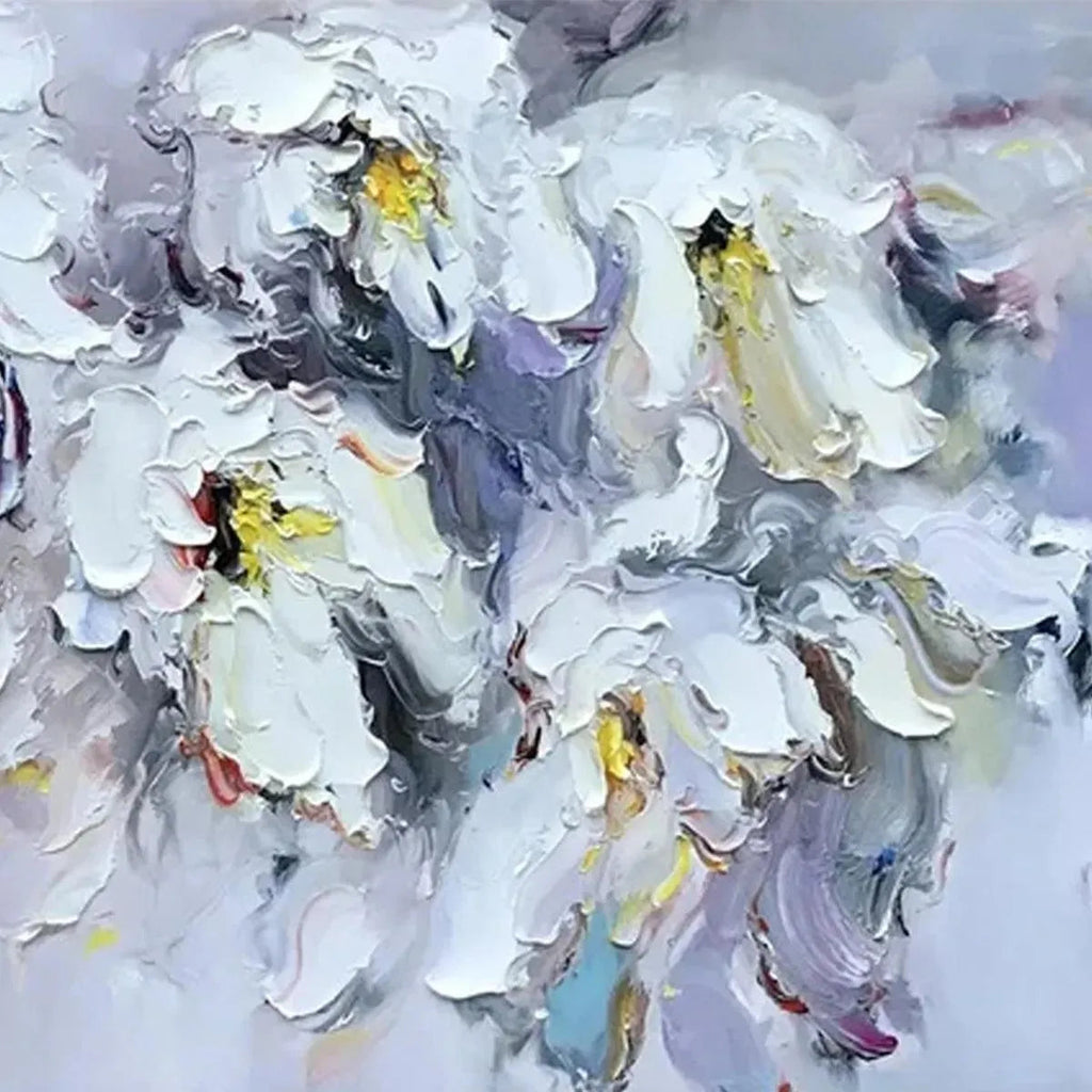 WHITE PETAL DREAM: Soft White Impasto Flowers Textured Panoramic Canvas