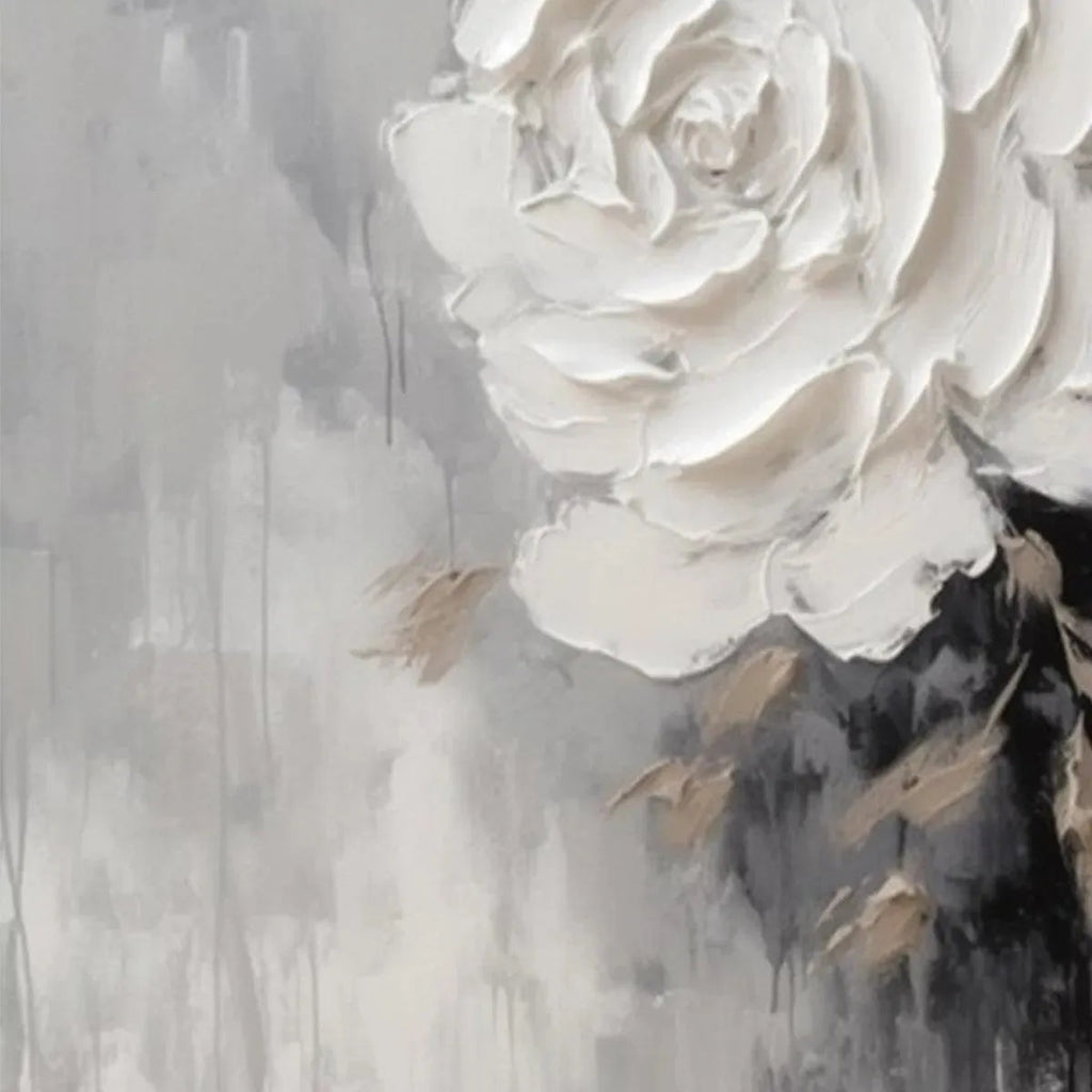 Isabella Rossi's Textured White Rose impasto painting, square wall art, 3D floral design with neutral palette.