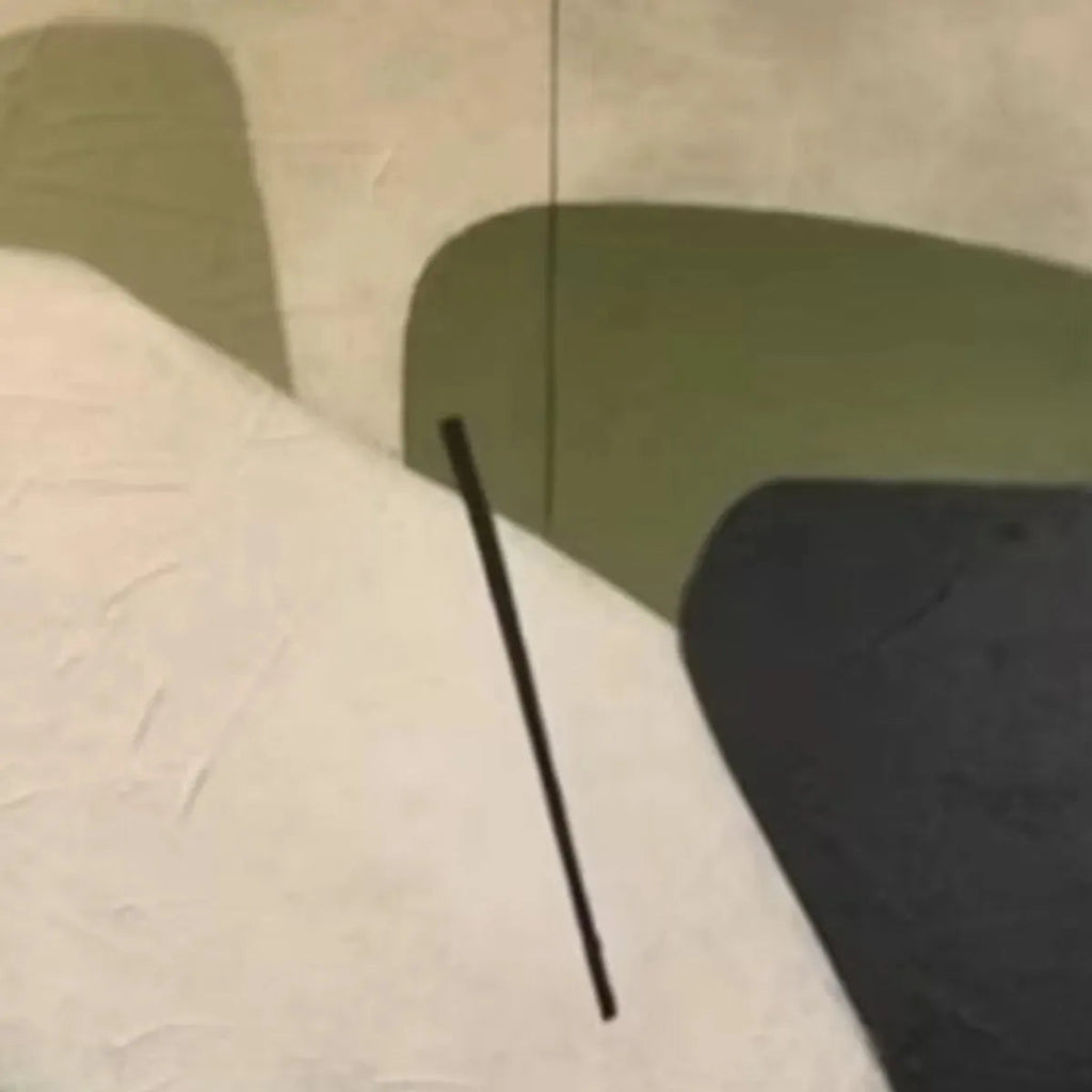 Minimalist green abstract painting with organic shapes, olive green, cream, black and diagonal line detail.