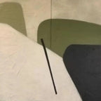 Minimalist green abstract painting with organic shapes, olive green, cream, black and diagonal line detail.