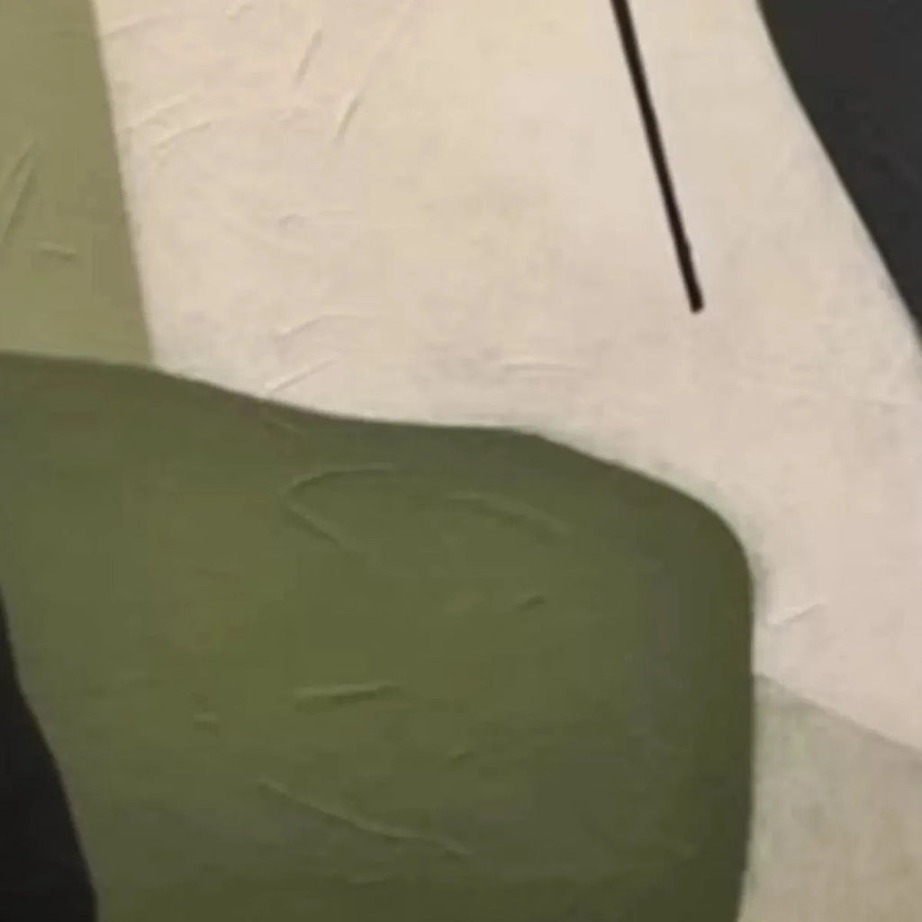 Minimalist green abstract painting with organic olive green, cream shapes and vertical black line accent.