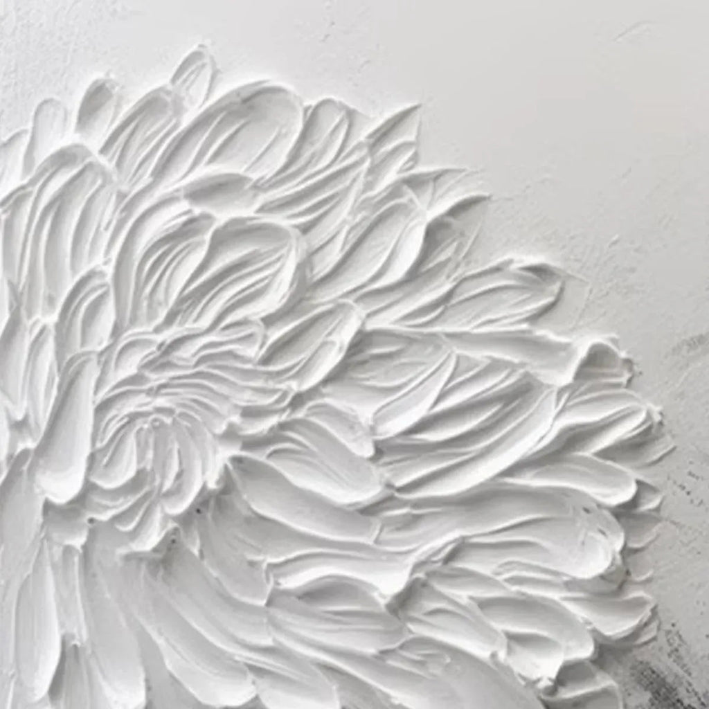 Close-up of White Textured Bloom impasto painting, showing thick 3D petals on a textured background.