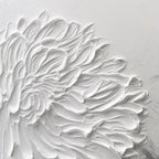 Close-up of White Textured Bloom impasto painting, showing thick 3D petals on a textured background.