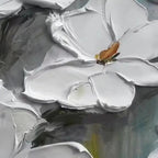 Close-up textured impressionist painting of white magnolia blossoms with impasto brushstrokes and yellow centers.