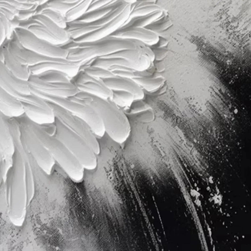 Close up of White Textured Bloom impasto painting, showing thick 3D petals on black textured background, product detail shot.