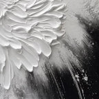 Close up of White Textured Bloom impasto painting, showing thick 3D petals on black textured background, product detail shot.