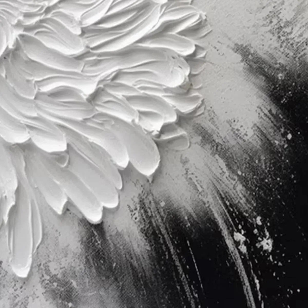 Close up of White Textured Bloom impasto painting, showing thick 3D petals on black textured background, product detail shot.