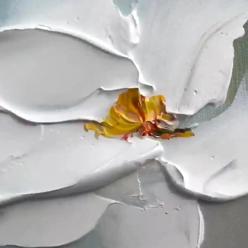 Close-up textured impressionist painting, white magnolia, thick impasto brushstrokes, vibrant yellow center, artistic detail.