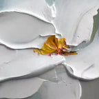 Close-up textured impressionist painting, white magnolia, thick impasto brushstrokes, vibrant yellow center, artistic detail.