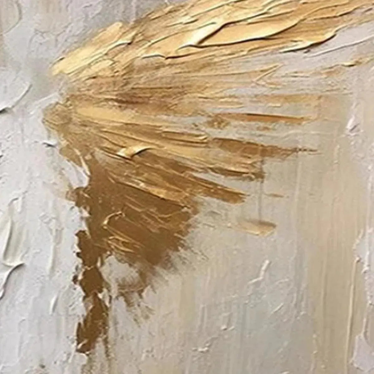 Close-up of textured abstract painting with golden wings on beige background, showcasing impasto detail.