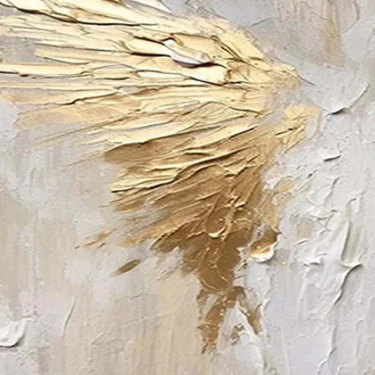 Textured gold wings painting detail, impasto strokes, beige abstract wall art