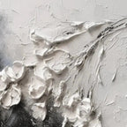 Close-up of Isabella Rossi's White Floral Impasto artwork with thick, textured white blooms on a monochrome background.