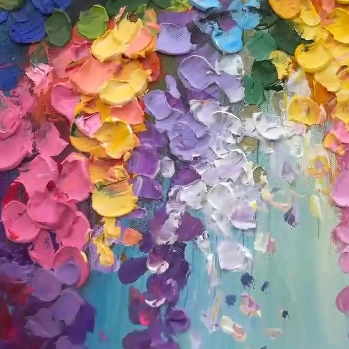 Impressionist painting close-up: textured wisteria in rainbow colors, pink, yellow, purple, blue on turquoise.