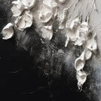 Isabella Rossi White Floral Impasto: 3D white blooms on textured black and grey background.