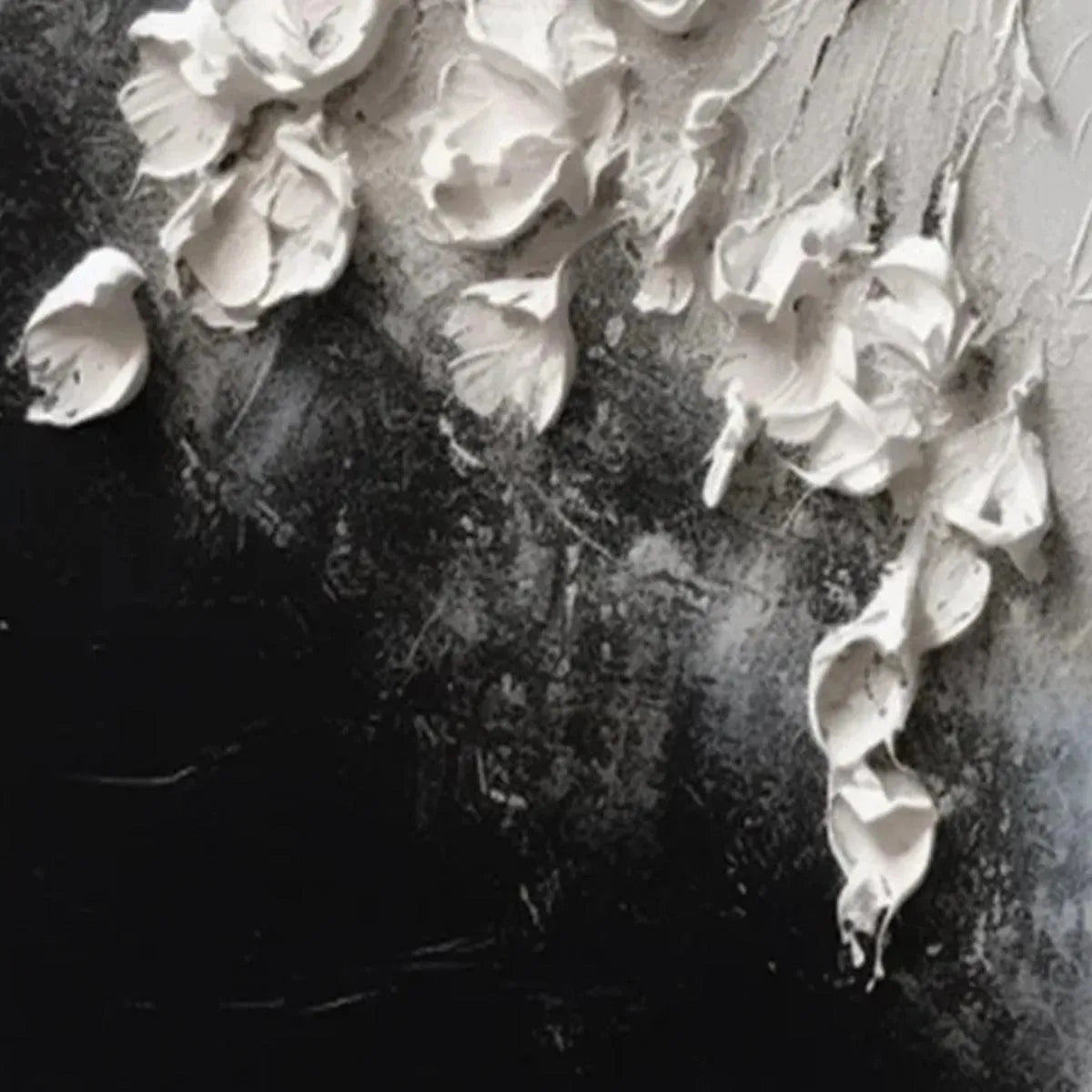 Isabella Rossi White Floral Impasto: 3D white blooms on textured black and grey background.