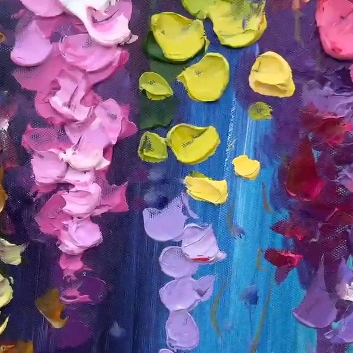 Textured impressionist painting close-up: pink, purple, yellow wisteria blossoms on blue background.