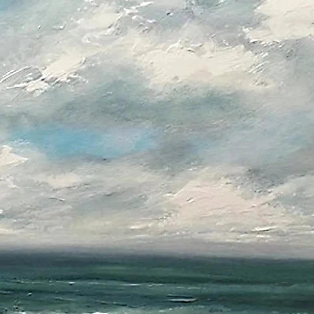 Liam O'Connell impasto painting: cloudy sky over teal ocean, textured coastal seascape.
