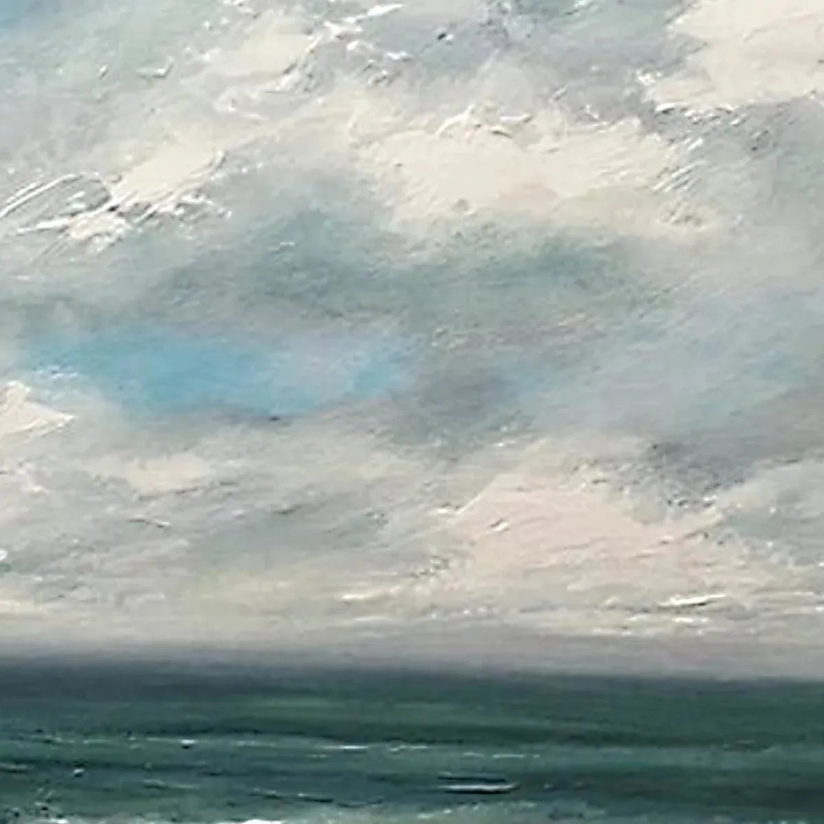 Liam O'Connell impasto painting: cloudy sky over teal ocean, textured coastal seascape.
