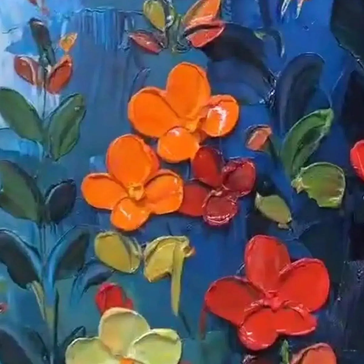 Textured abstract painting of orange, red, and yellow wildflowers against a blue background with thick impasto brushstrokes.