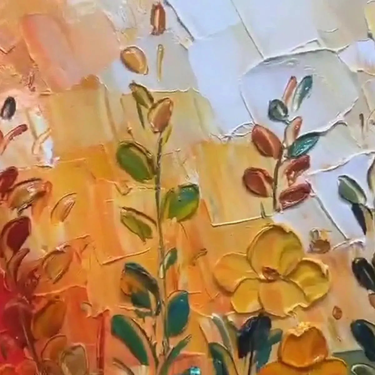 Textured abstract painting of a wildflower meadow with thick impasto strokes in vibrant orange, yellow, and white.