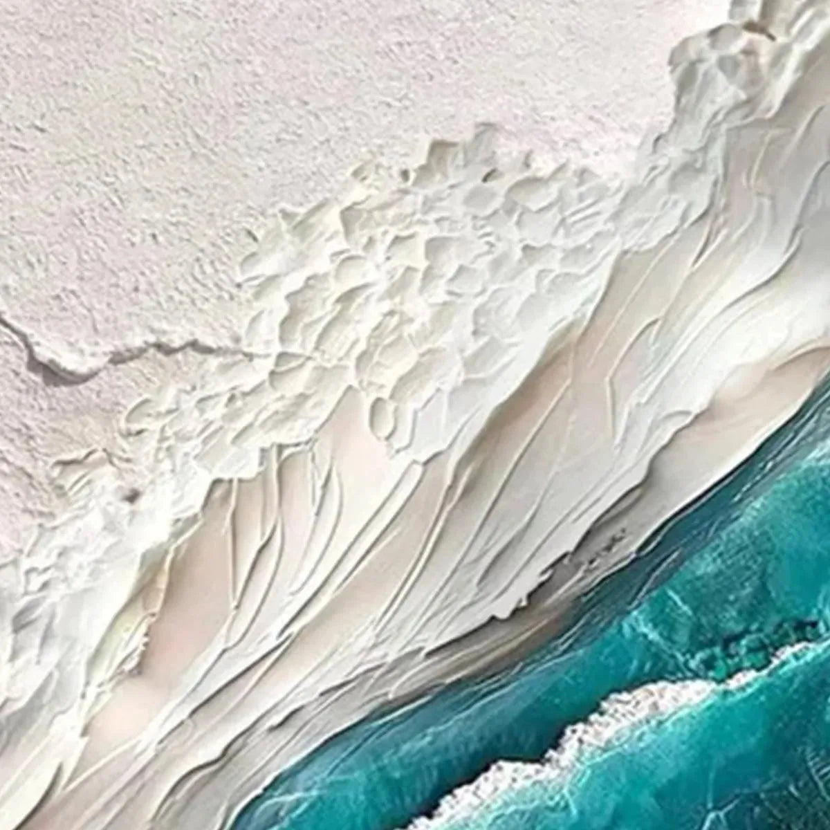 Textured abstract seascape art with thick impasto white waves and teal ocean water, vertical canvas for coastal decor.