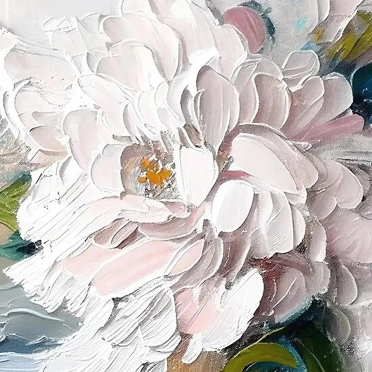 Close up of textured impasto painting featuring a white peony with pink hues and visible brushstrokes.