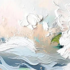 Textured impasto painting close-up: white peony petals with pink & green accents. Soft pastel background.