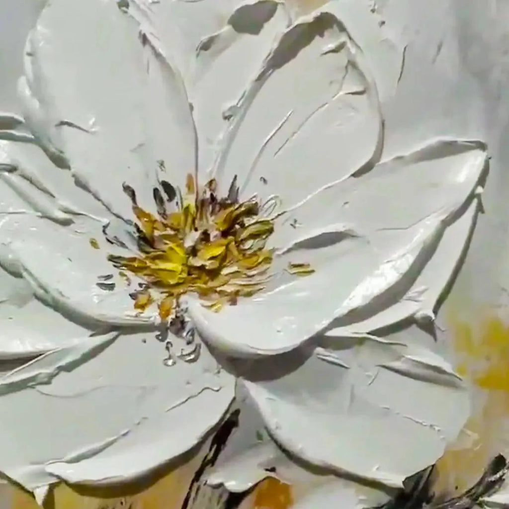WHITE BLOSSOM: Impasto Single White Flower Gold Accents Canvas
