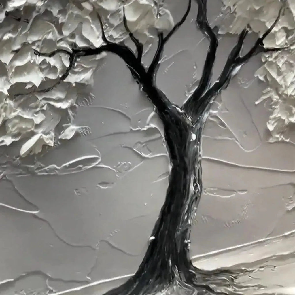 SERENE TREE: Impasto Solitary Tree Monochromatic Panoramic Canvas