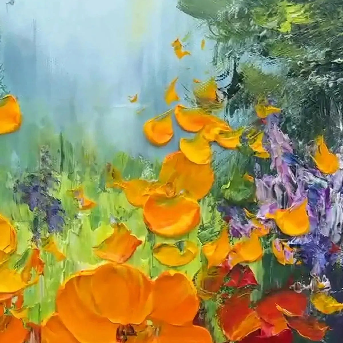 WILD FLOWER MEADOW: Panoramic Colorful Impasto Flowers Forest Edge Canvas