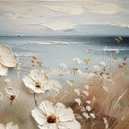 SEASIDE BLOSSOMS: White Blossoms Coastal Haze Impasto Canvas