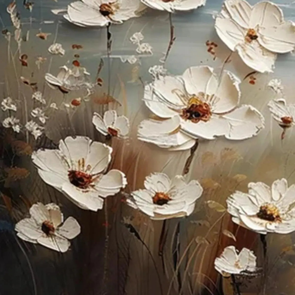 SEASIDE BLOSSOMS: White Blossoms Coastal Haze Impasto Canvas