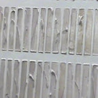 Close-up of Textured Beige minimalist painting, showing rows of thick, uneven beige lines highlighting surface texture.