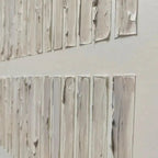 Close-up textured beige minimalist painting with thick, uneven vertical lines showcasing tactile surface detail.