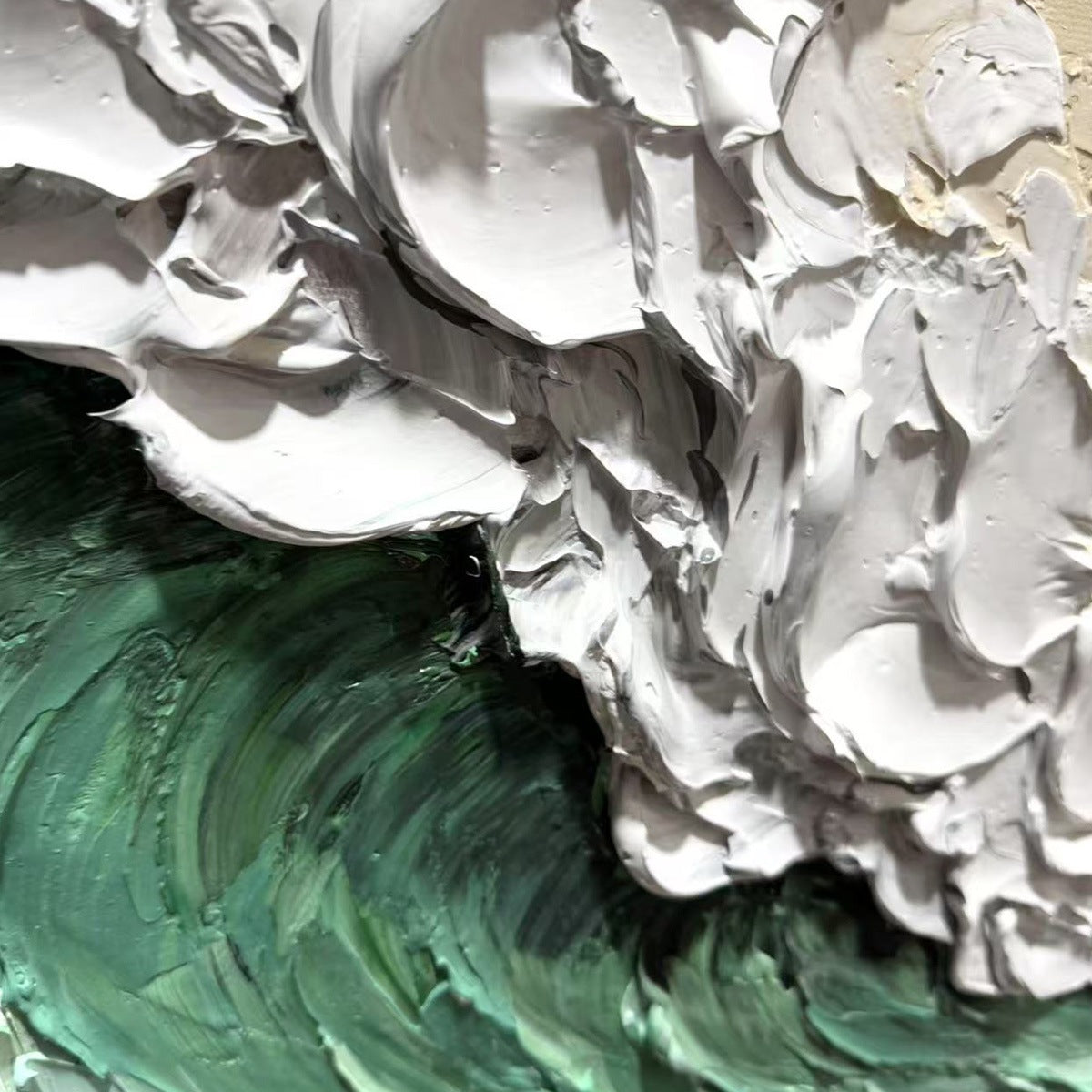 EMERALD CREST: Green White Beige Impasto Wave Painting Horizontal Canvas