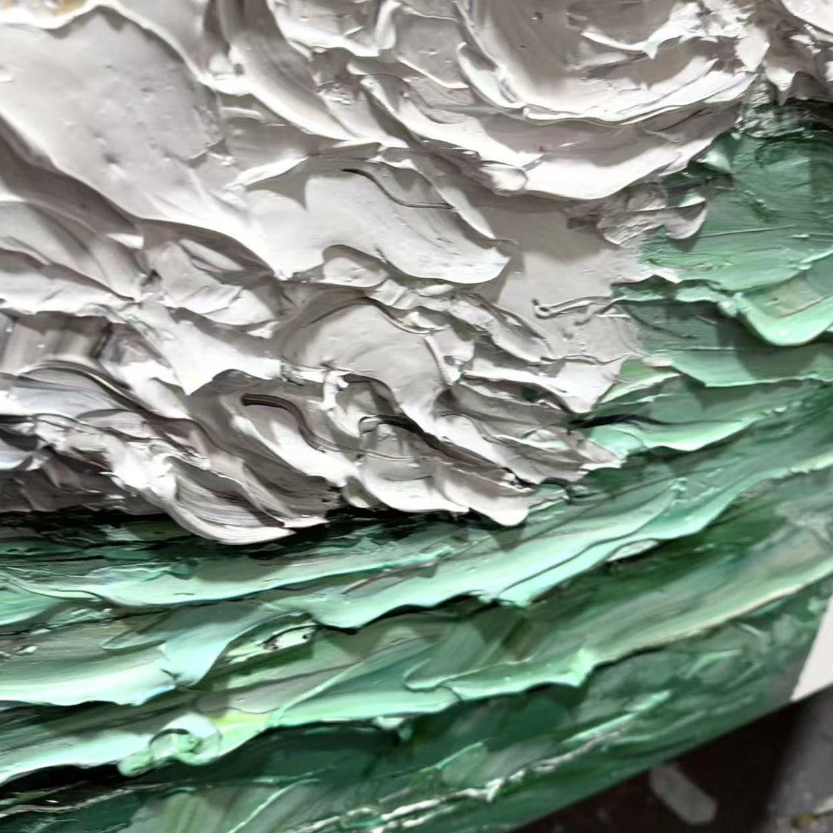 EMERALD CREST: Green White Beige Impasto Wave Painting Horizontal Canvas