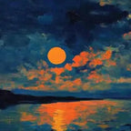 Harvest Moon Over Lake painting by Liam O'Connell. Orange moon reflection on dark water, blue cloudy sky, landscape wall art.