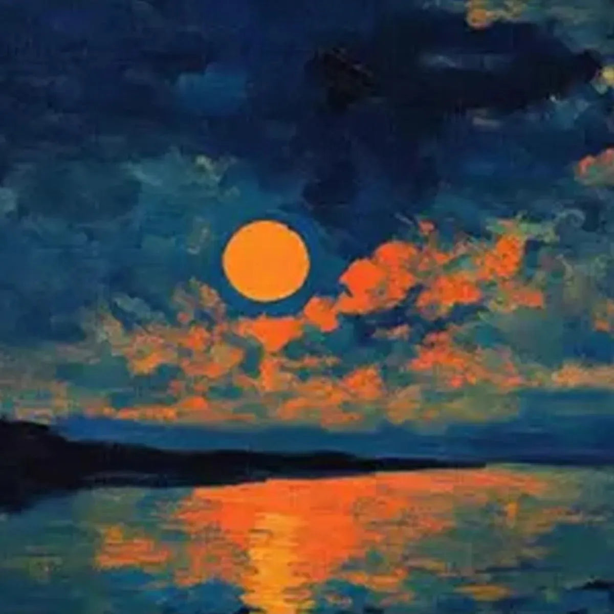 Harvest Moon Over Lake painting by Liam O'Connell. Orange moon reflection on dark water, blue cloudy sky, landscape wall art.