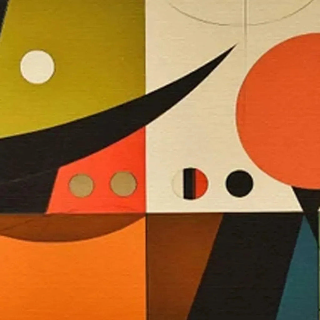 Mid-century modern abstract painting with geometric shapes in orange, black, olive green, cream and circular cutouts.